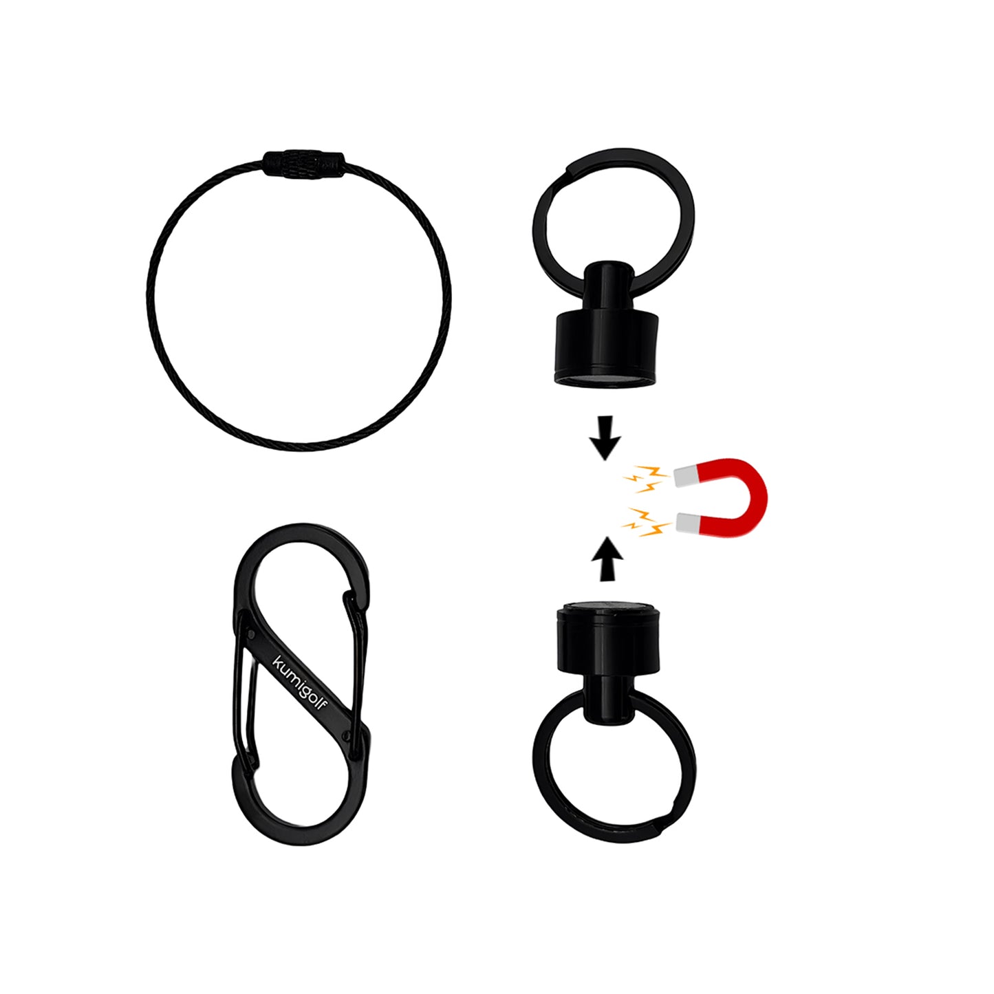 Schwarzer Magnetverschluss mit Karabiner und Edelstahl-Schlüsselring