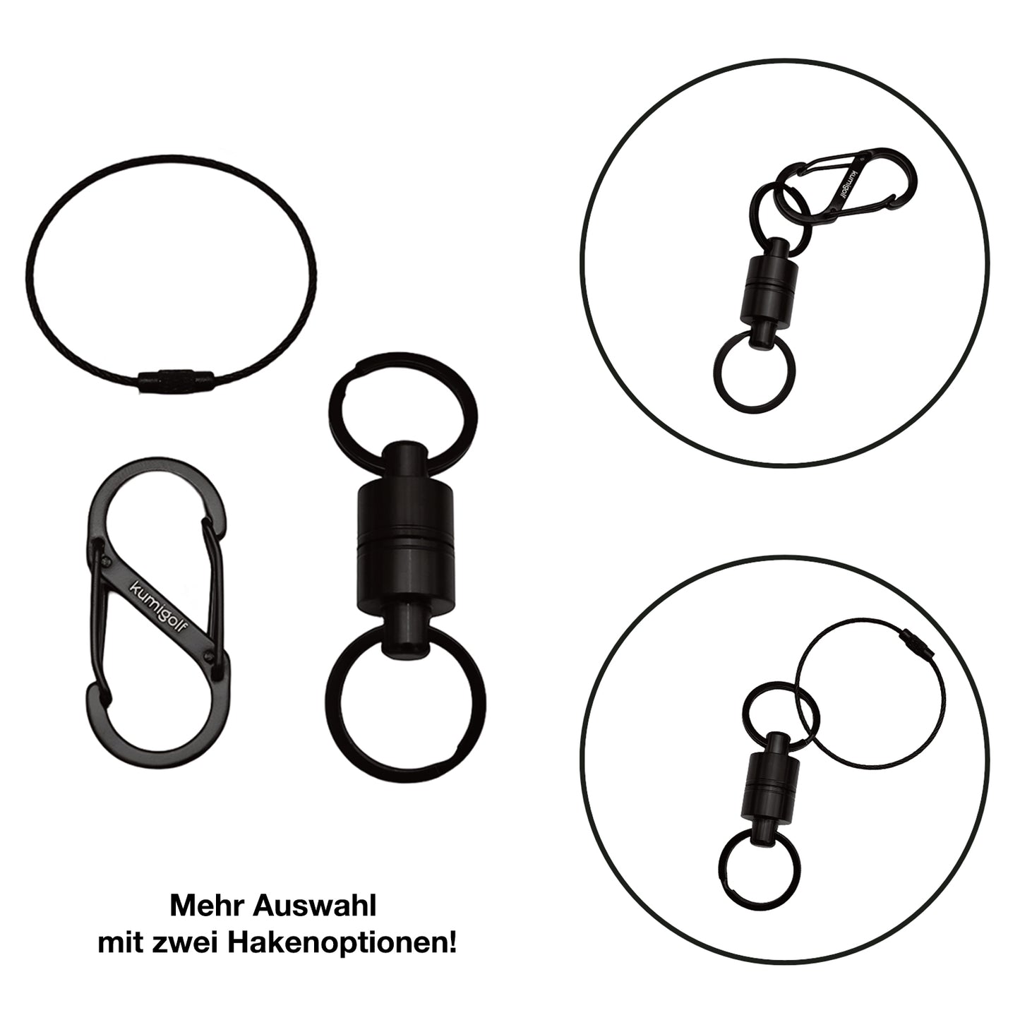 Schwarzer Magnetverschluss mit Karabiner und Edelstahl-Schlüsselring